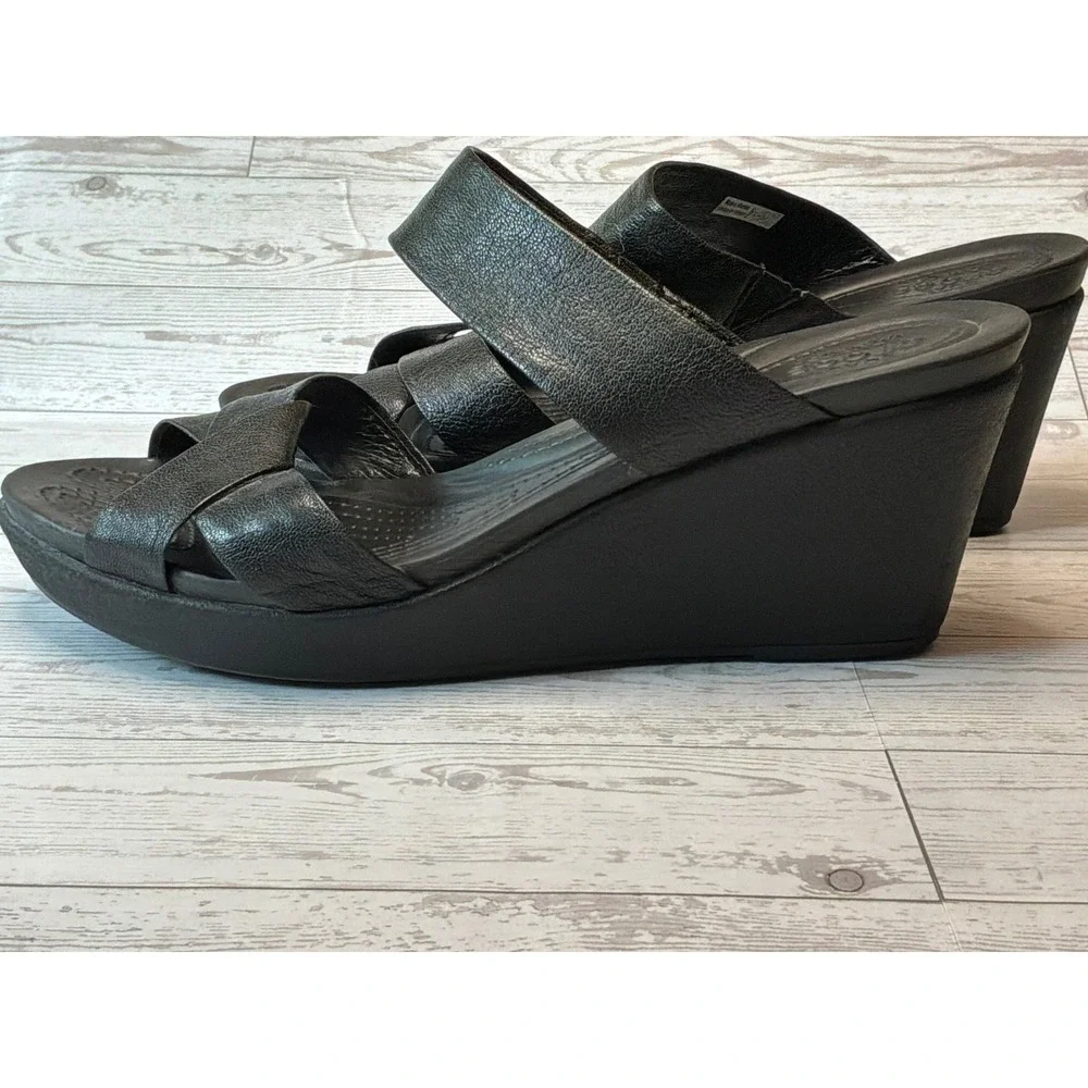 Crocs Leigh II Leather Wedge Sandals Womens 9 Black Platform Quiet Luxury